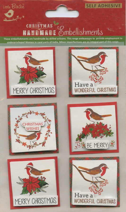 Little Birdie Christmas Handmade Embellishments Self Adhesive - 3D Christmas Robin Toppers 6 pk