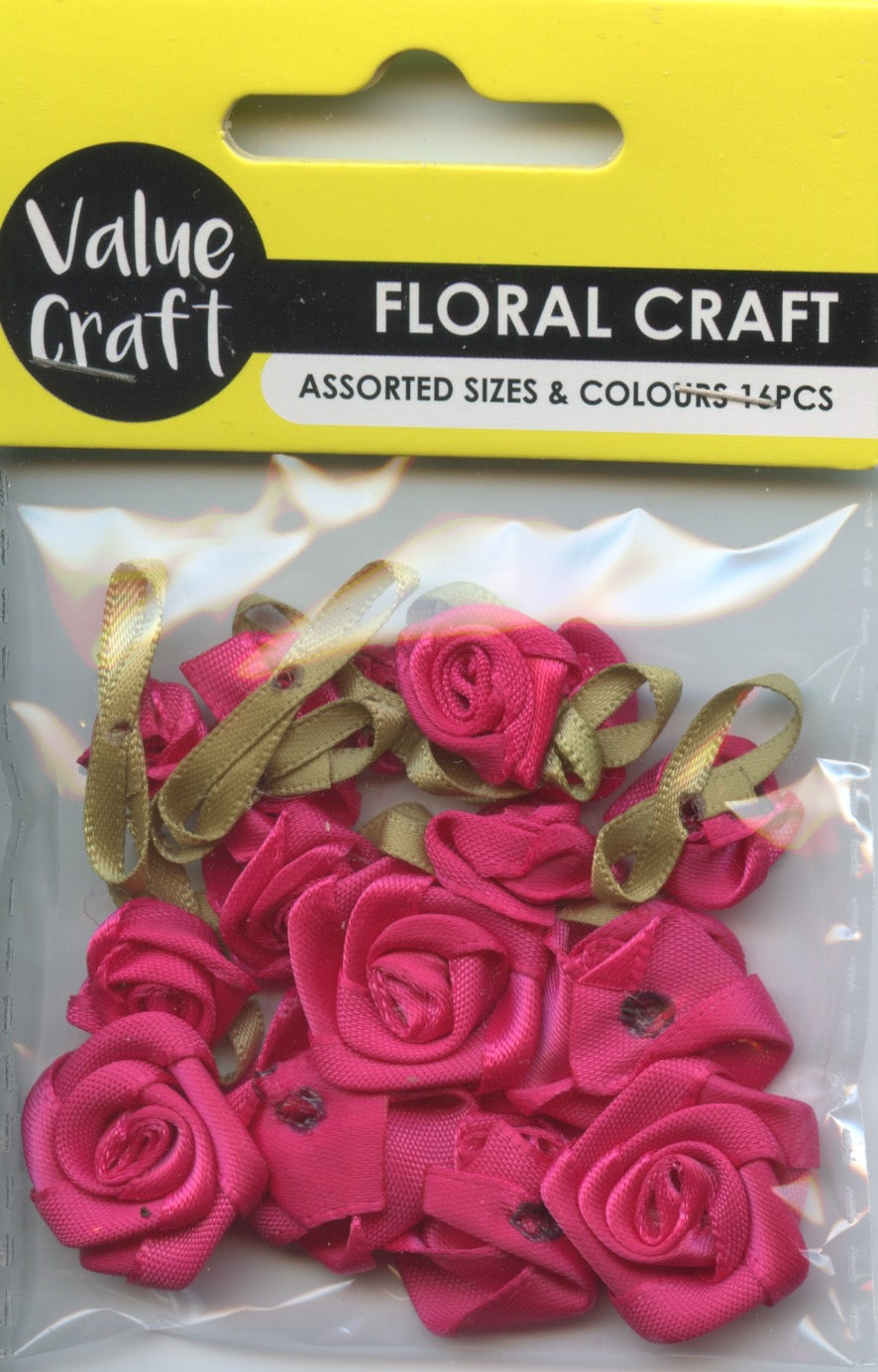 Craft Ribbon Satin Roses & Leaves - Hot Pink - 16 pk - Various sizes