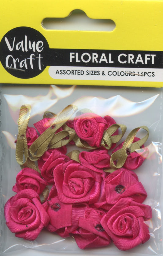 Craft Ribbon Satin Roses & Leaves - Hot Pink - 16 pk - Various sizes