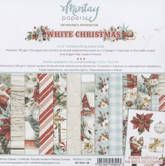 White Christmas Paper Pad - 24x Doubled sided sheets - 15.2x15.2cm