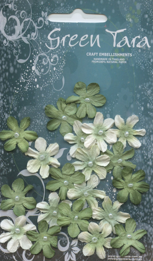 Mini Flowers - Green with Pearl centre - 20 pk