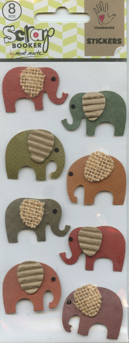 Scrap Booker Handmade Stickers 3D Burlap and Kraft Elephants 8 pc