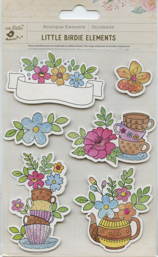 Little Birdie Handmade Embellishments Self Adhesive Floral Fancy Stickers 6pc