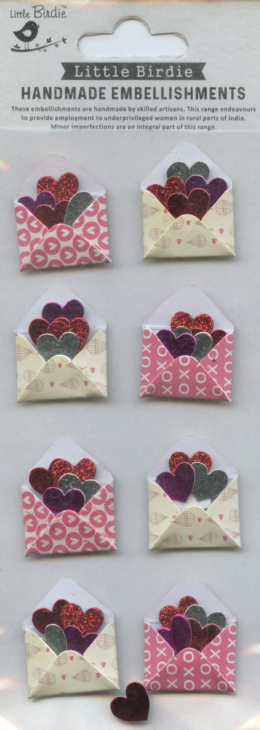 Little Birdie Handmade Embellishments - Valentines Love Envelopes - 8 pcs