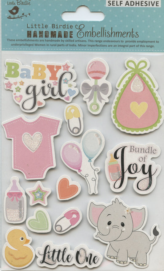 Little Birdie Handmade Embellishments Self Adhesive Bundle Of Joy Girl Stickers 15pc