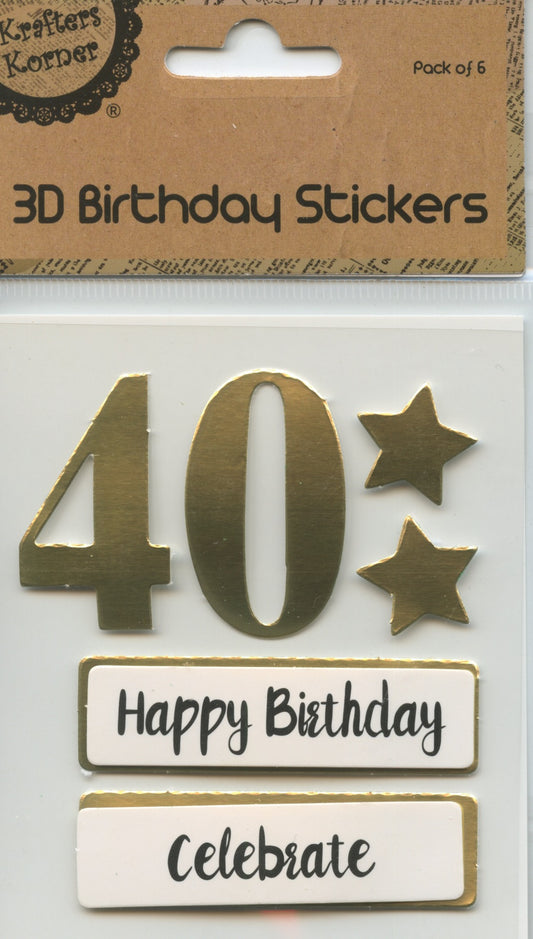 40th - 3D Birthday Stickers - Gold with Stars and Wording