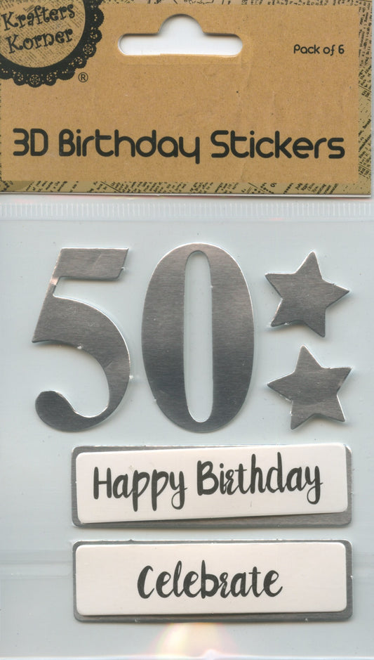 50th - 3D Birthday Stickers - Silver with Stars and Wording