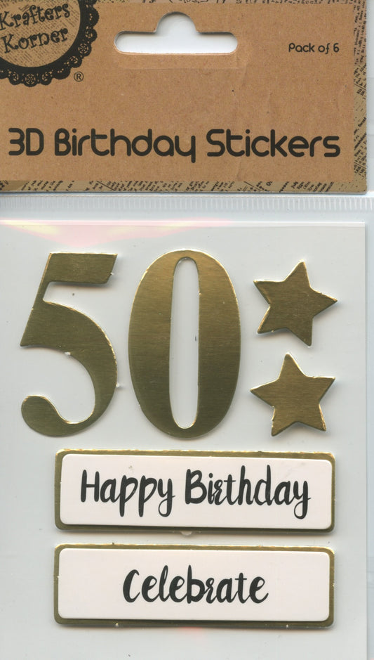 50th - 3D Birthday Stickers - Gold with Stars and Wording