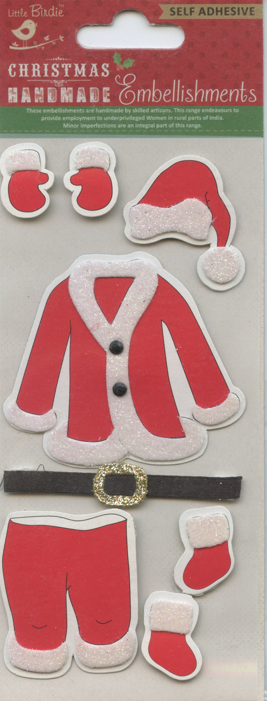 Little Birdie Christmas Handmade Embellishments - Glitter Santa Outfit 8pk