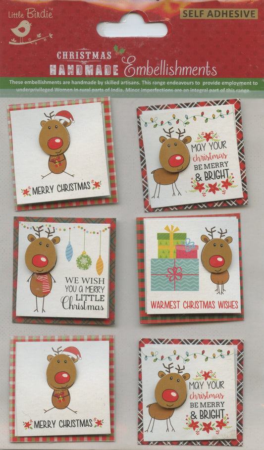 Little Birdie Handmade Christmas Embellishments Reindeer Wishes Self Adhesive Toppers 6pc