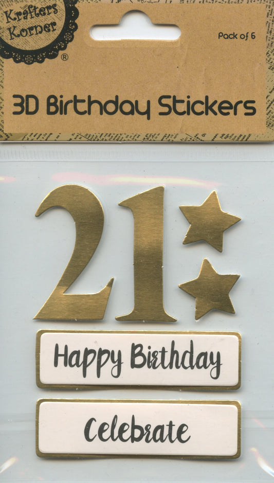21st - 3D Birthday Stickers - Gold with Stars and Wording
