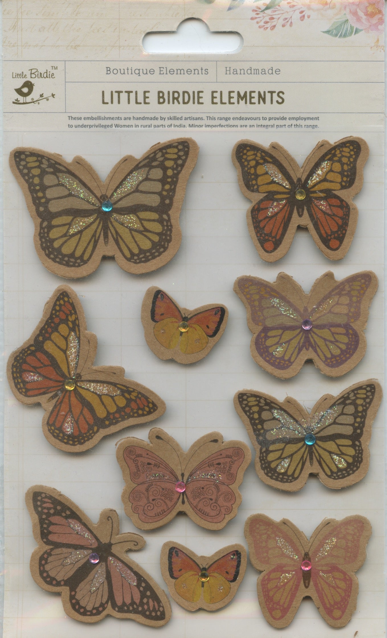 Little Birdie Handmade Embellishments Self Adhesive Kraft Printed Butterflies 10pc