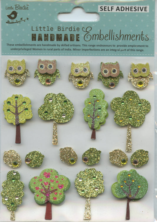 Little Birdie Handmade Self Adhesive Glitter Trees and Owls 19pc