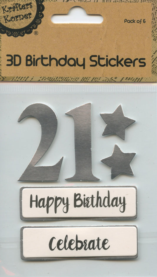 21st - 3D Birthday Stickers - Silver with Stars and Wording