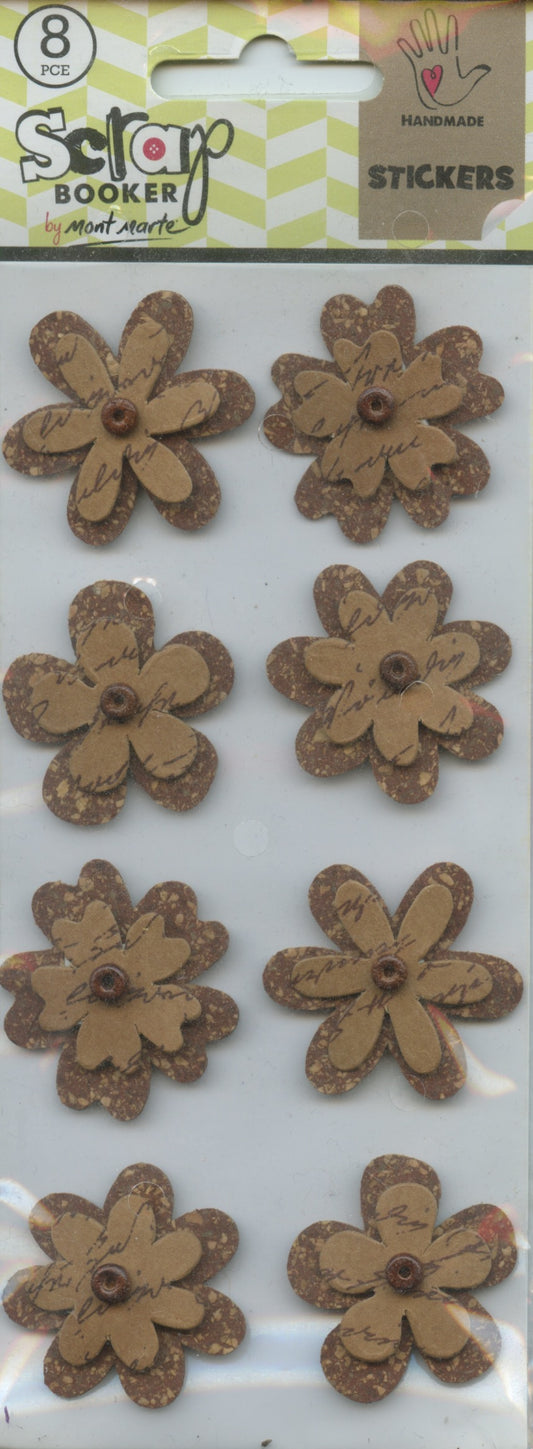 Scrap Booker Handmade Embellishments Self Adhesive Cork and Kraft Flowers 8pc