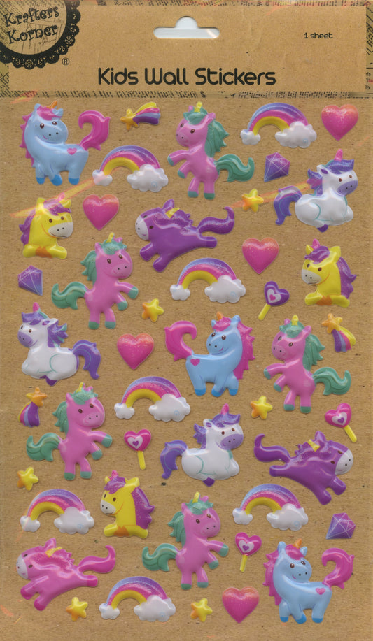 Kids Wall Puffy Stickers - Unicorns and Rainbows - 1 Sheet - 44 pc