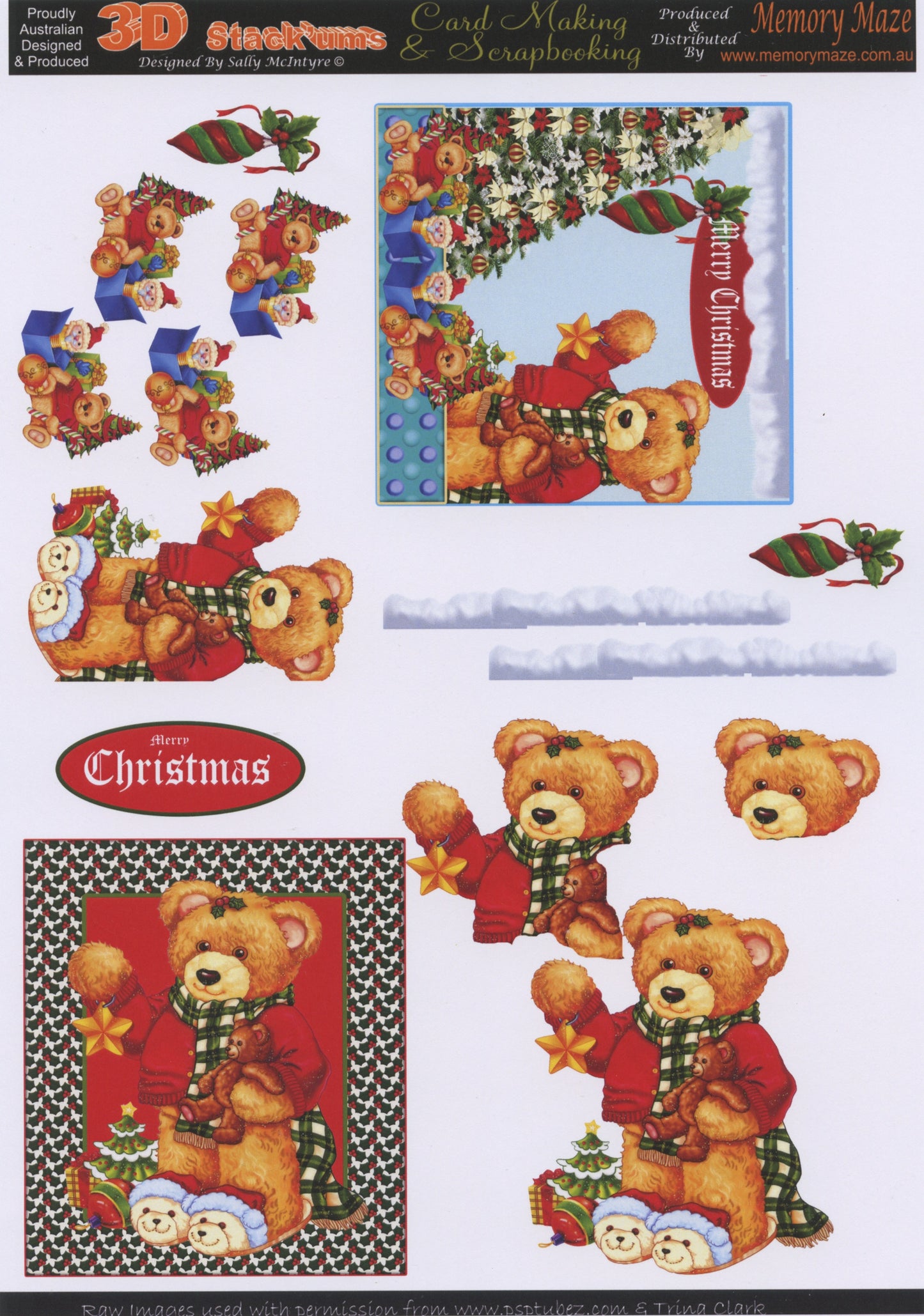 3D Cuttables Card Toppers - Merry Christmas Teddy Bears - 1 Sheet