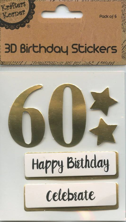60th - 3D Birthday Stickers - Gold with Stars and Wording