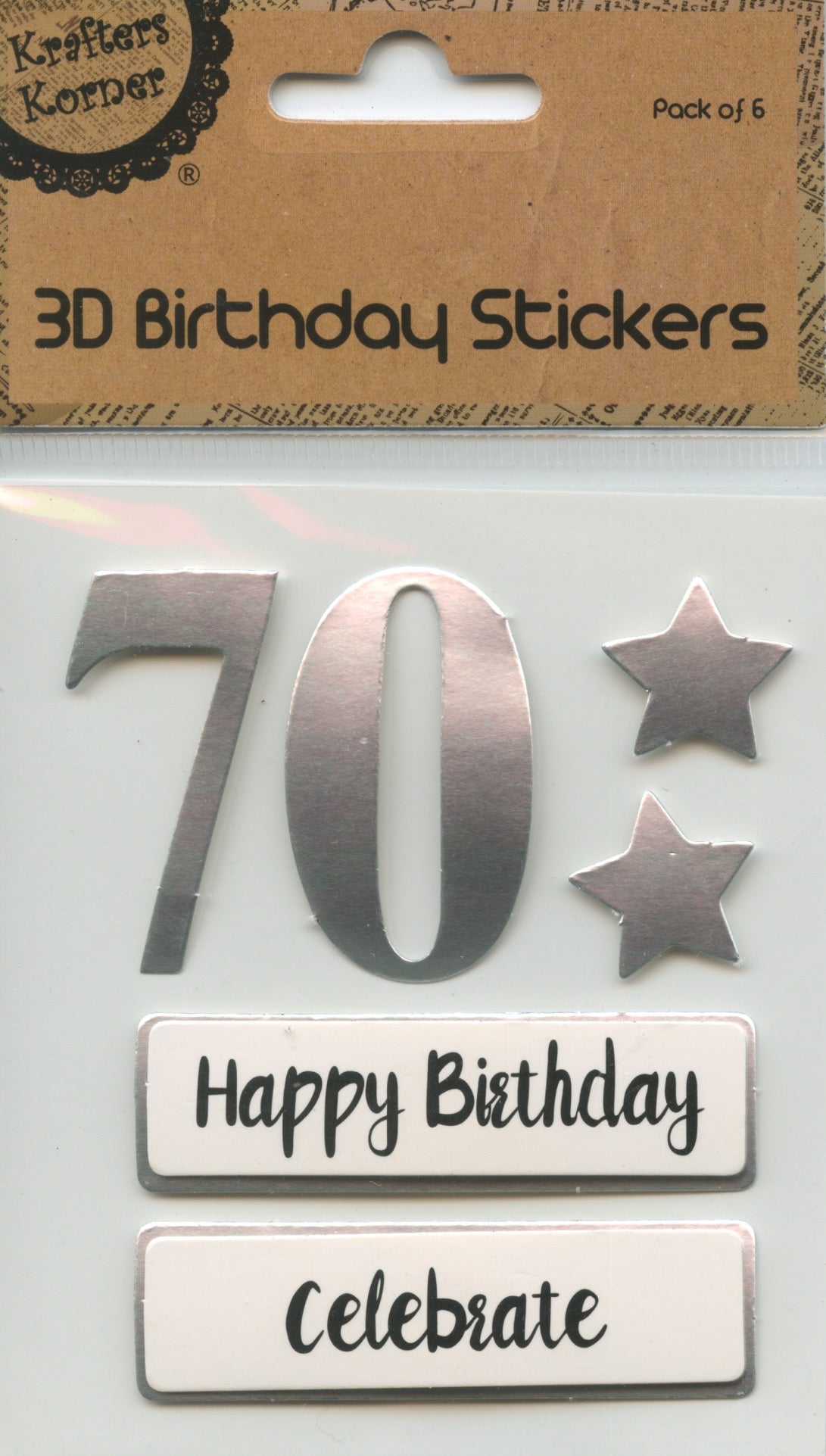 70th - 3D Birthday Stickers - Silver with Stars and Wording