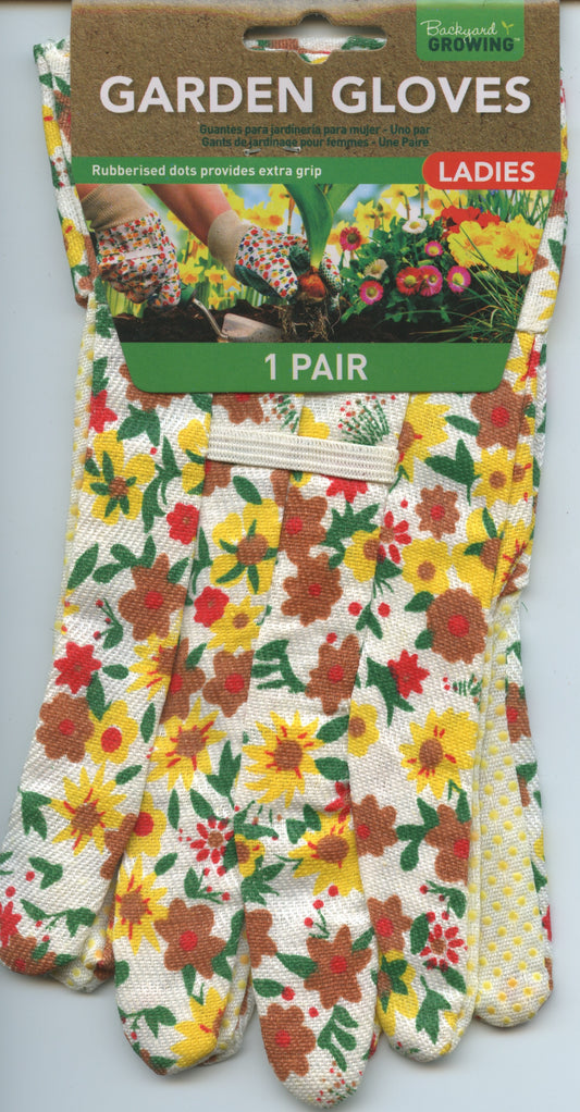 Ladies Garden Gloves - 1 pair - White with Yellow/Red/Brown Flowers