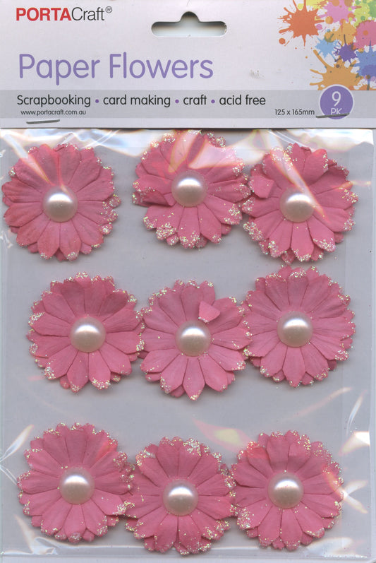 Porta Craft Paper Flowers with Pearl Centre - Pink 9pc