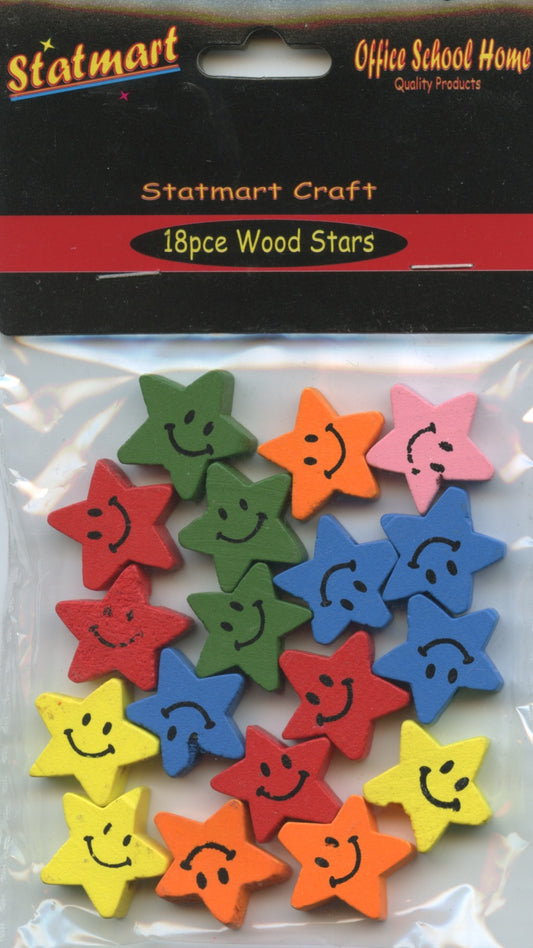 Wooden Stars with smiley faces - Pack of 18 Assorted Colours