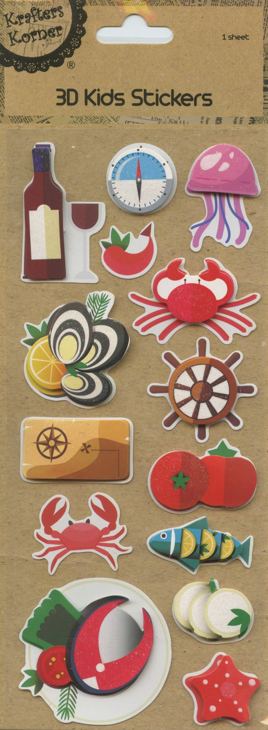 3D Kids Stickers - Food Theme - Self Adhesive  - 14 pk - 1 sheet