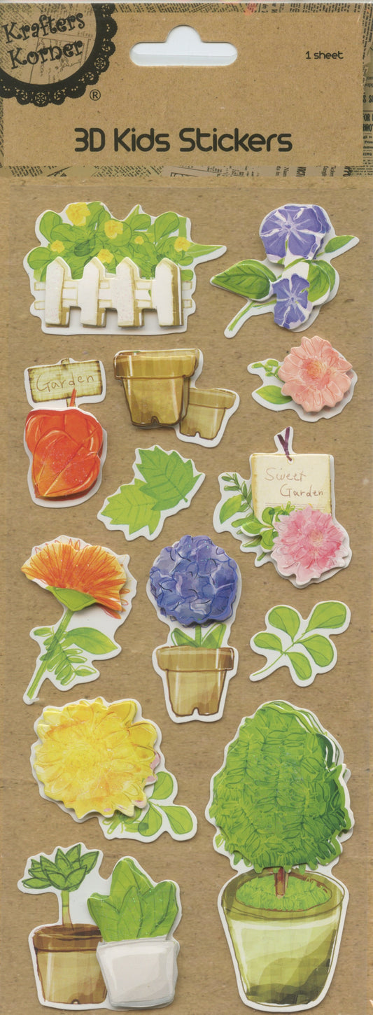 3D Kids Stickers - Flower and Pot Theme - Self Adhesive  - 13 pk - 1 sheet