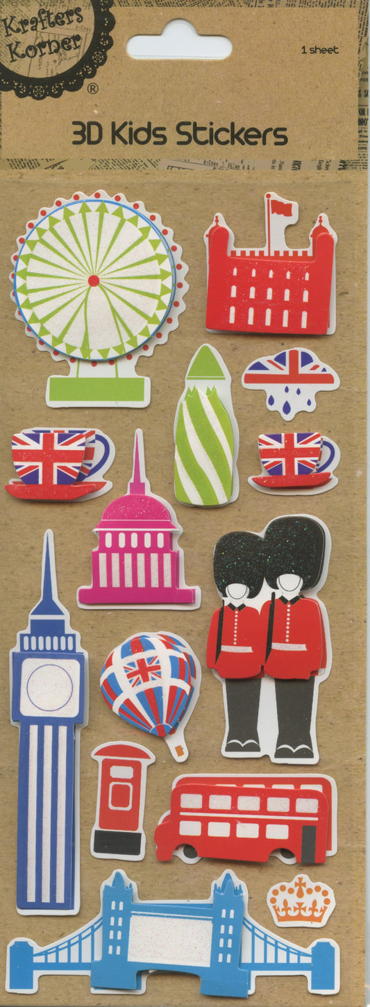 3D Kids Stickers - England Theme - Self Adhesive  - 14 pk - 1 sheet