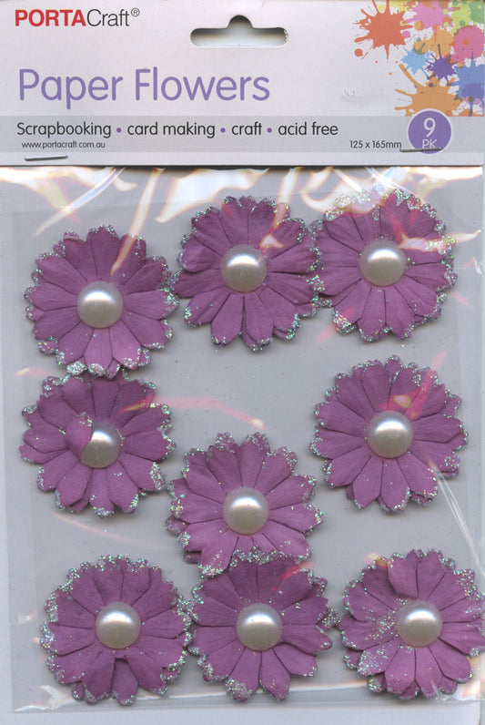 Porta Craft Paper Flowers with Pearl Centre - Purple - 9pc