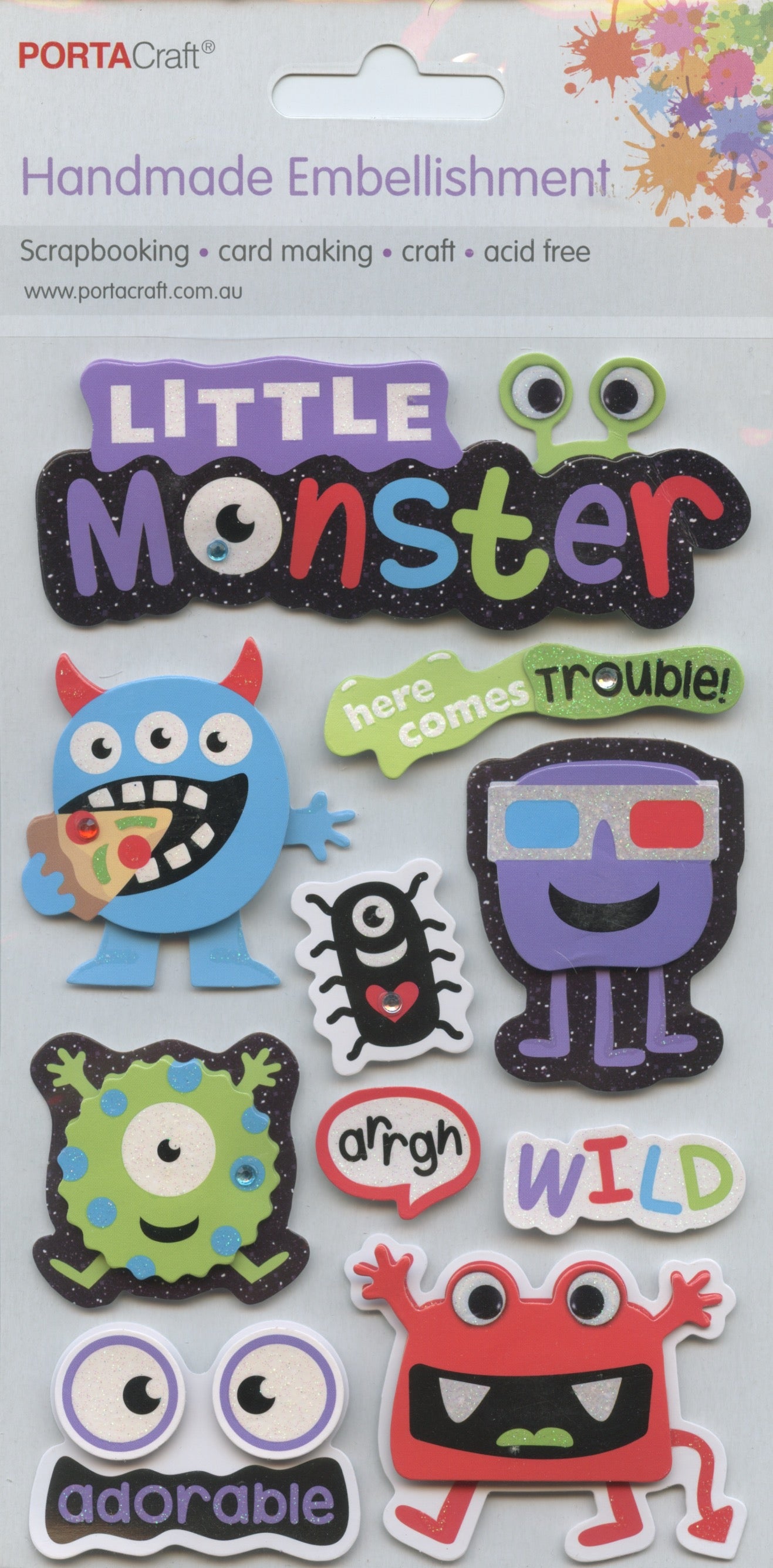 Porta Craft Handmade Embellishments Self Adhesive Little Monster Pack#2 10pc