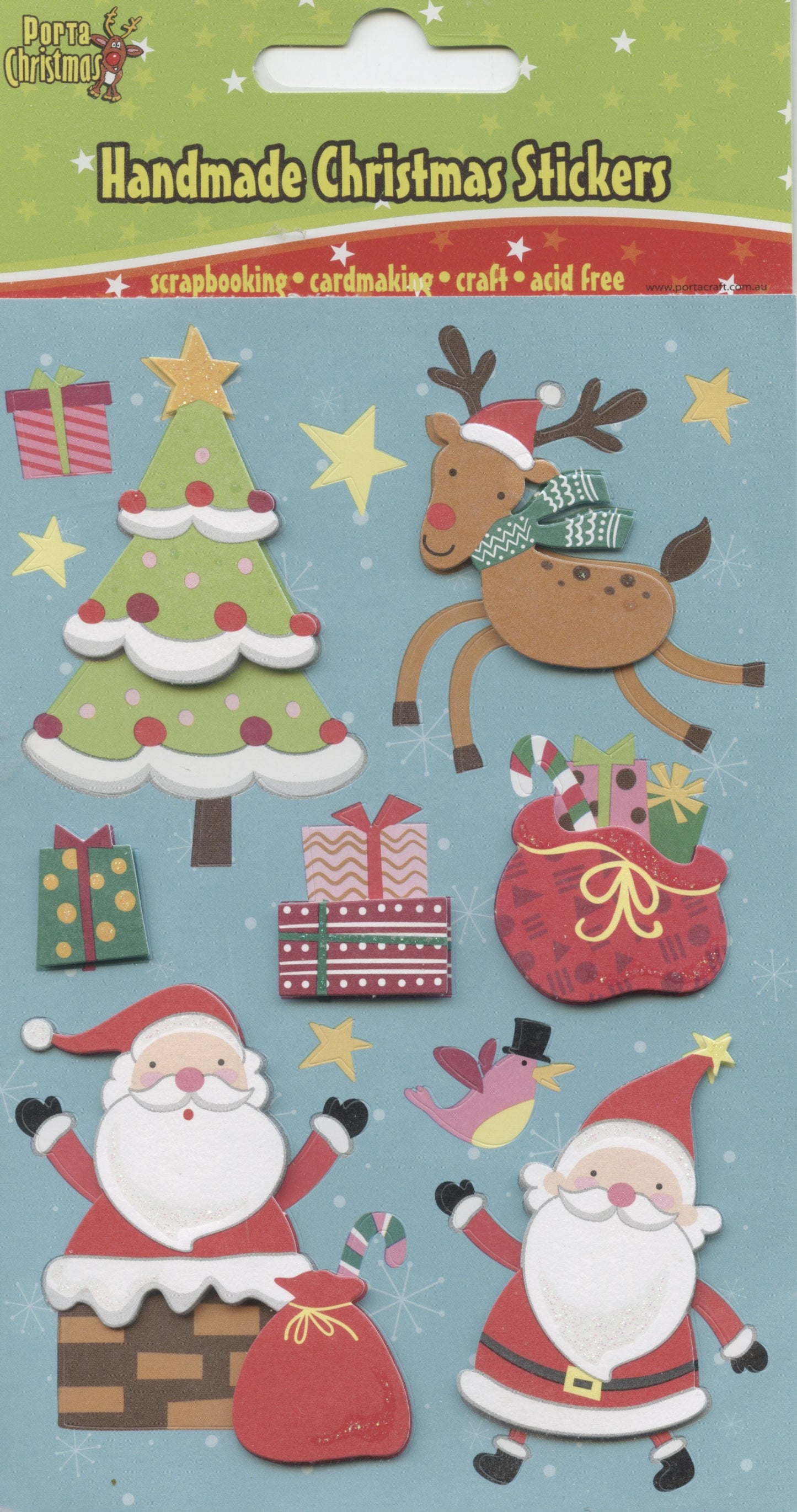 Porta Christmas Handmade Christmas Stickers Santa, Reindeer, Tree and Presents 12pc