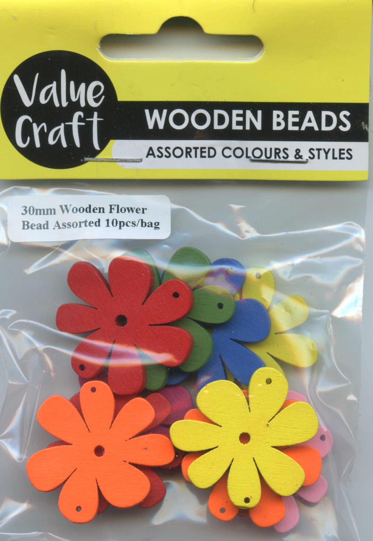 Wooden Flower Beads - Pack of 10 - Assorted Colours - 30mm