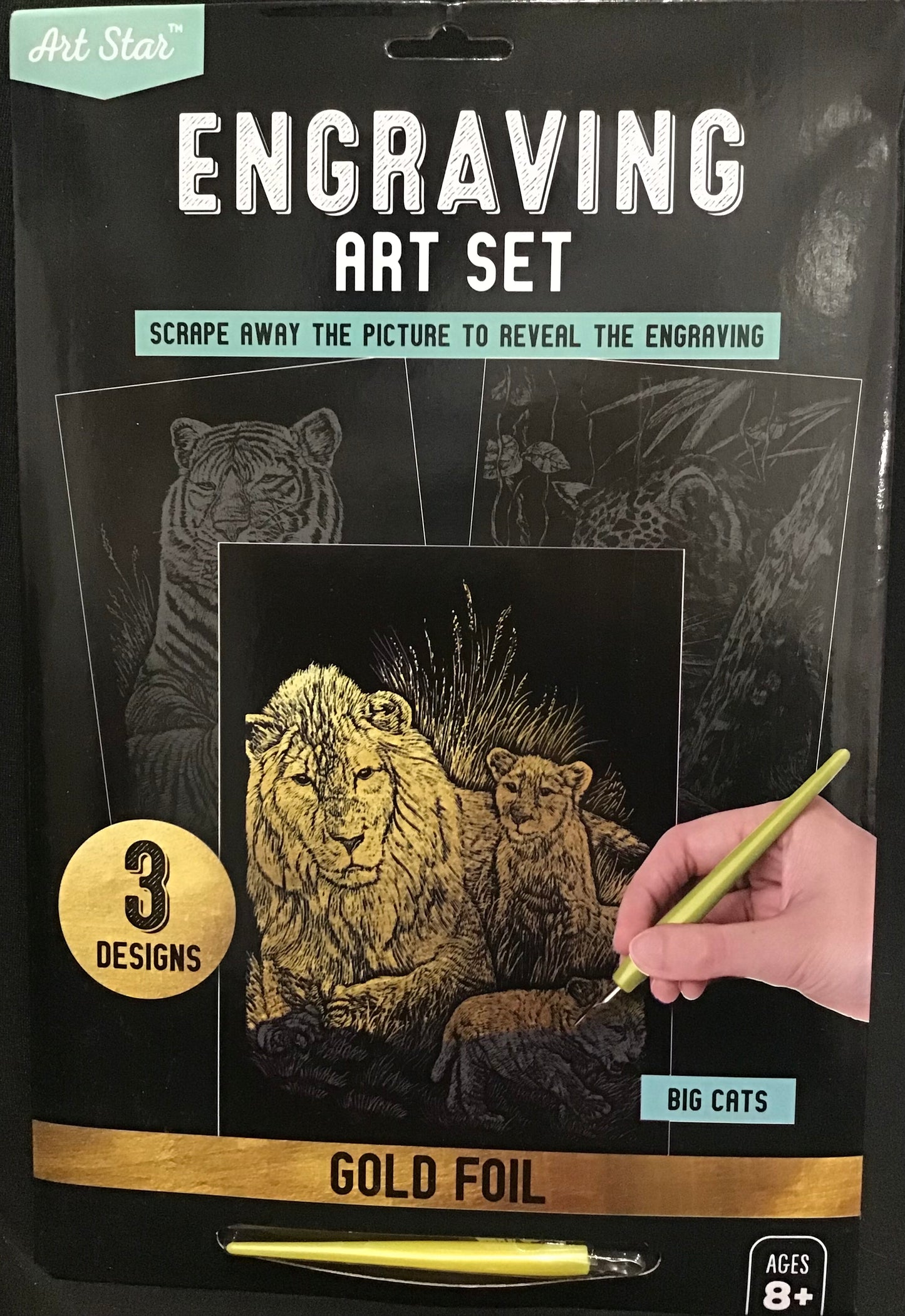 Art Star Engraving Art Set - 3 Designs - Big Cats - Gold Foil - Pen included