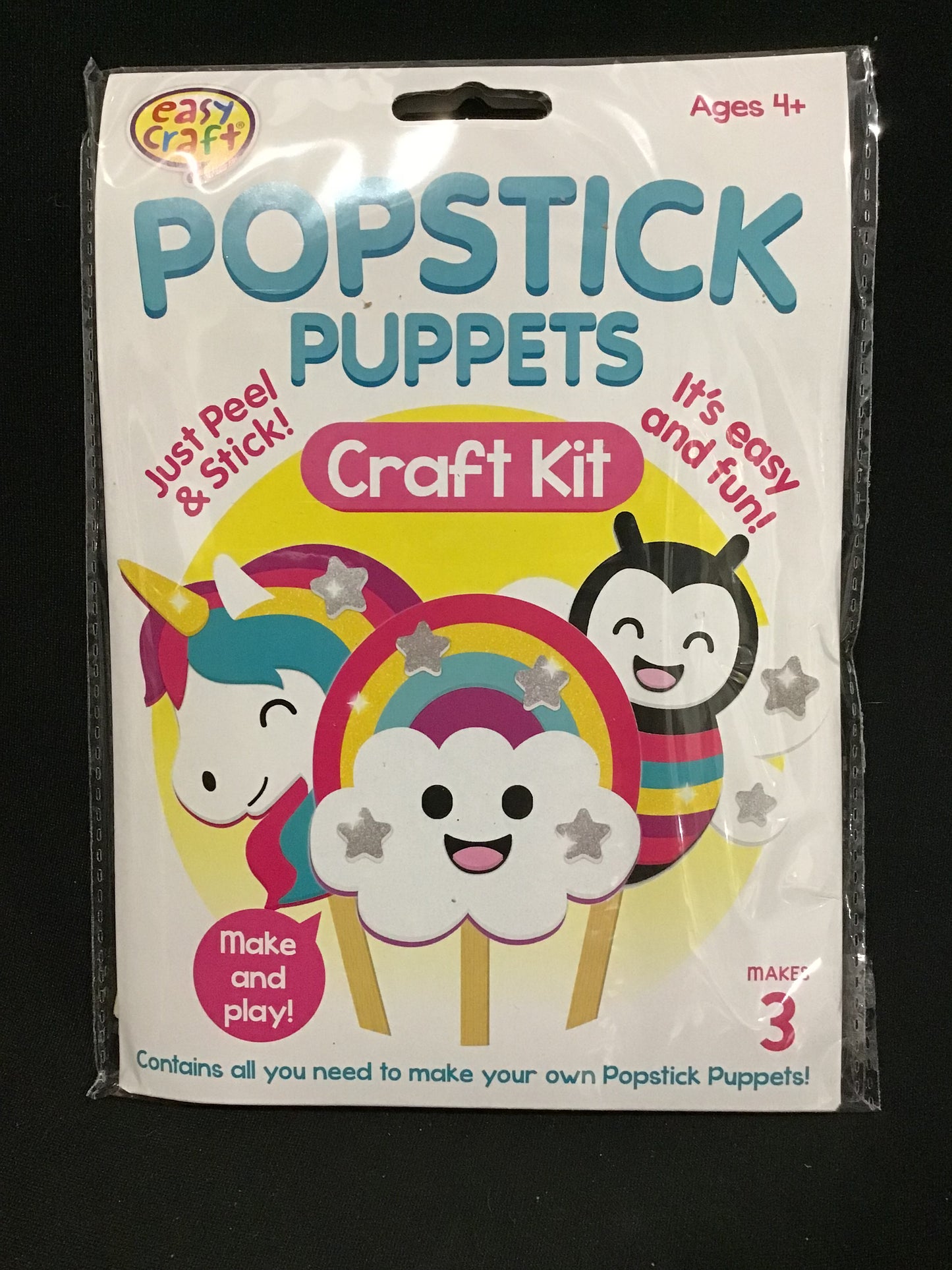 Popstick Puppets Craft Kit - Unicorn/Rainbow/Bug- Just peel and Stick