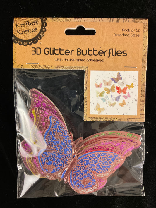 3D Glitter Adhesive Butterflies - Rose Gold - Pk 12