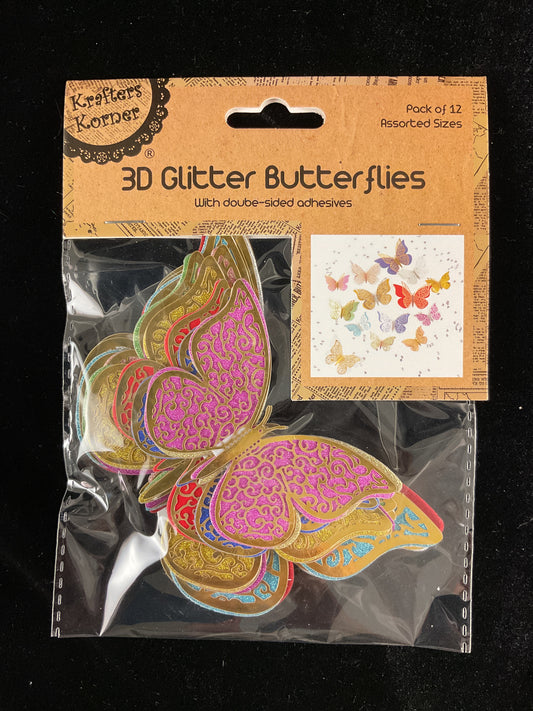 3D Glitter Adhesive Butterflies - Gold - Pk 12