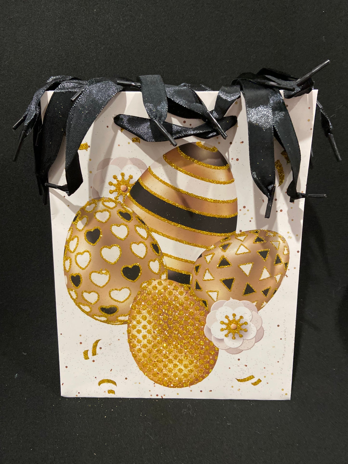 Easter Gift Bag - 4x Gold Glitter Eggs with Black/white - 23x18x8cm