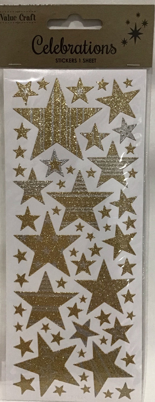 Gold and Silver glitter patterned stars - 1 sheet
