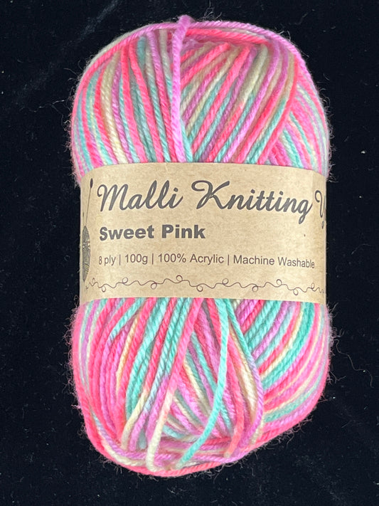 Malli Knitting Yarn - 8 Ply - Sweet Pink Multi - 100g - 100% Acrylic