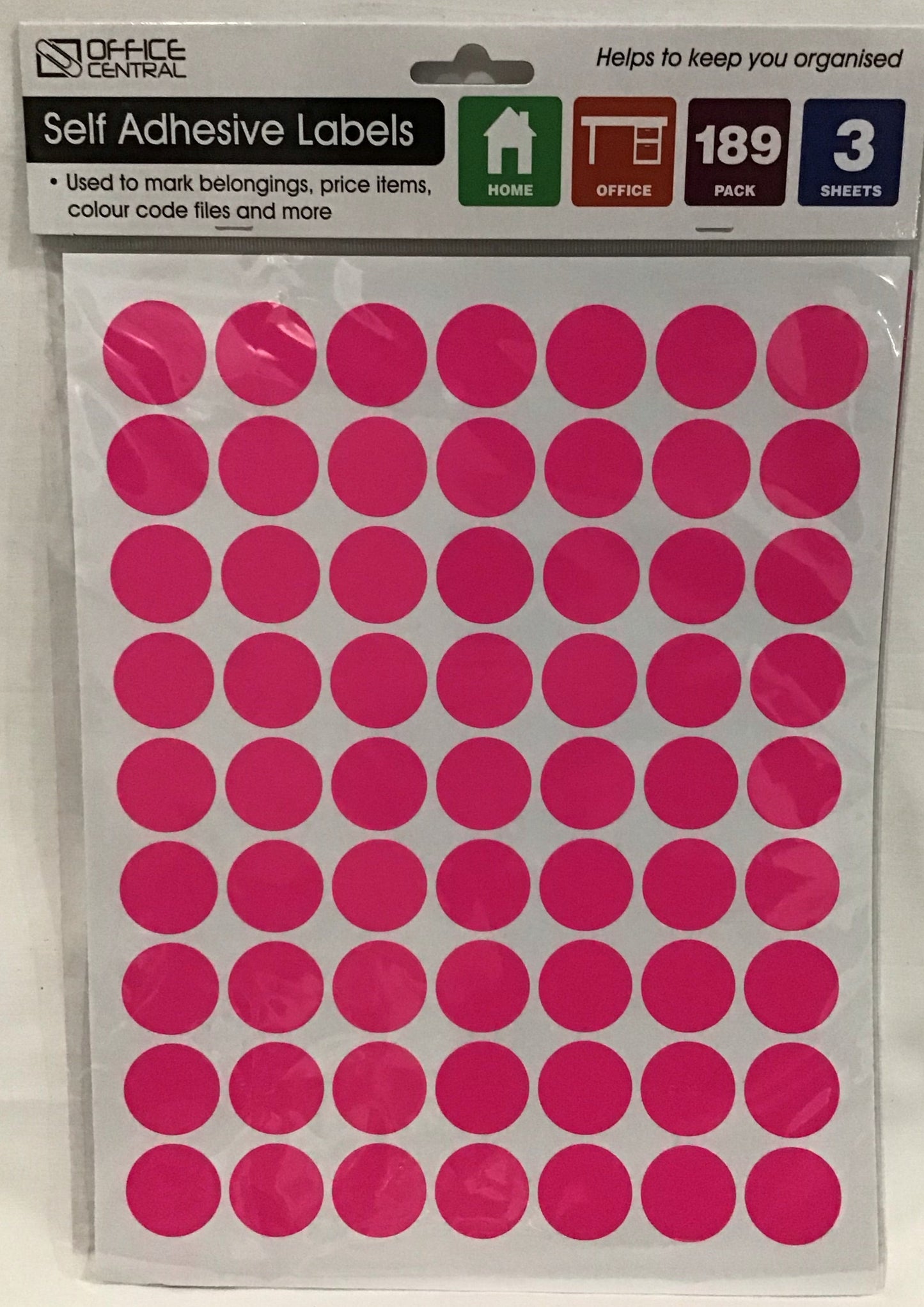 Self Adhesive Labels - Fluro Pink Dots - pack 189 - 26mm diameter