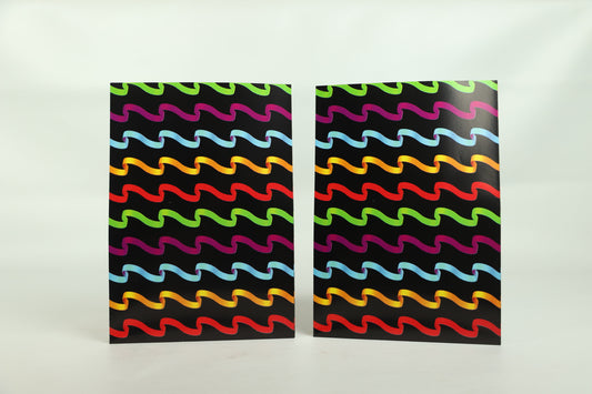 Wrapping Paper Sheets 2x Rainbow Ribbon Curly Stripes on Black Background 70cm x 50cm