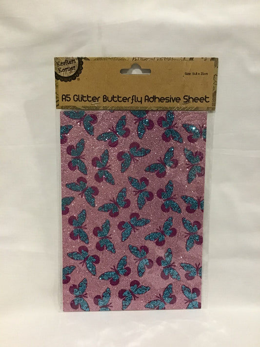 A5 Glitter Butterfly Adhesive Pink/Blue Hot pink - One Sheet