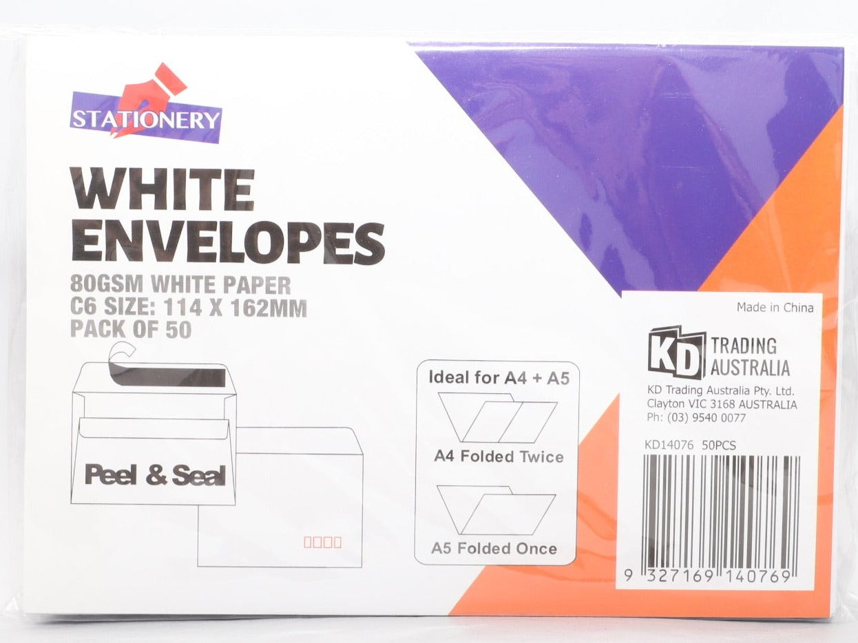 White Envelopes 80GSM -  C6 - size 114mm x 162mm -  50pk