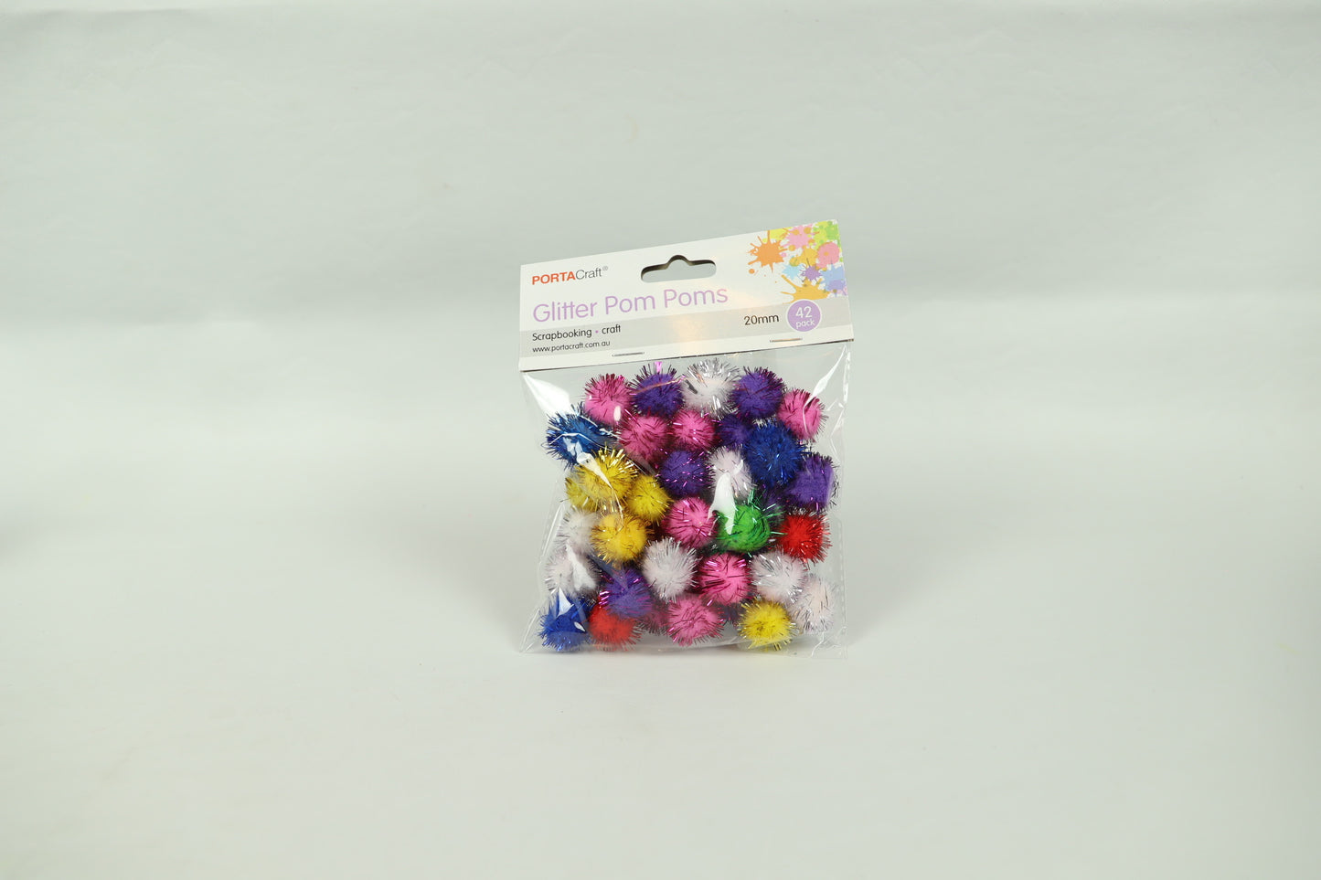 Glitter Pom Poms - Assorted Colours - Pack of 42 - 20mm
