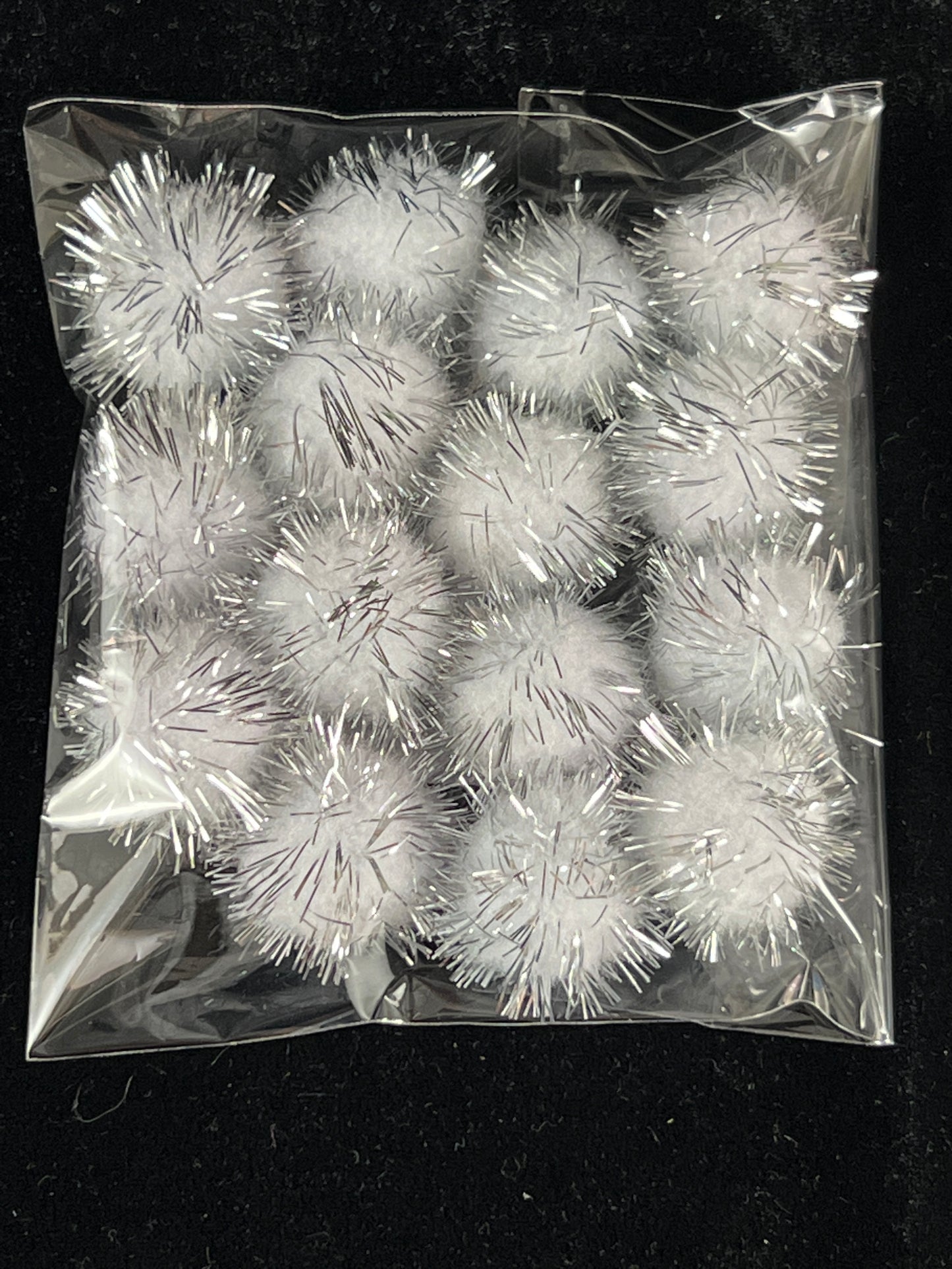 Tinsel Glitter Pom Poms - White - Pack of 15 - Size 25mm