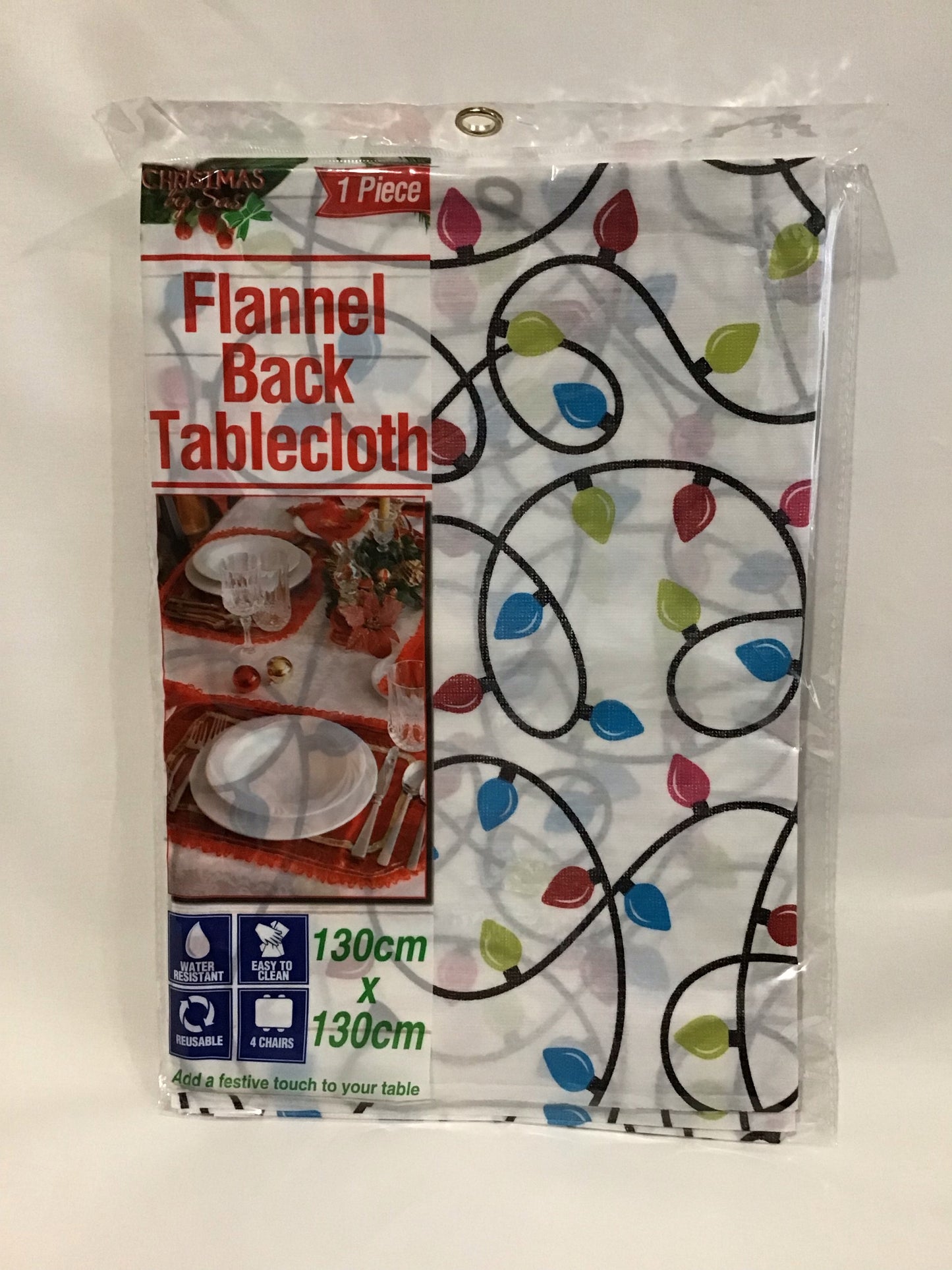 Christmas Flannel Back Table Cloth - 130cm x 130cm - Christmas Lights