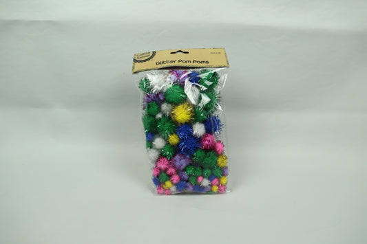 Glitter Pom Poms - Pack of 100 - Assorted Colours and Sizes