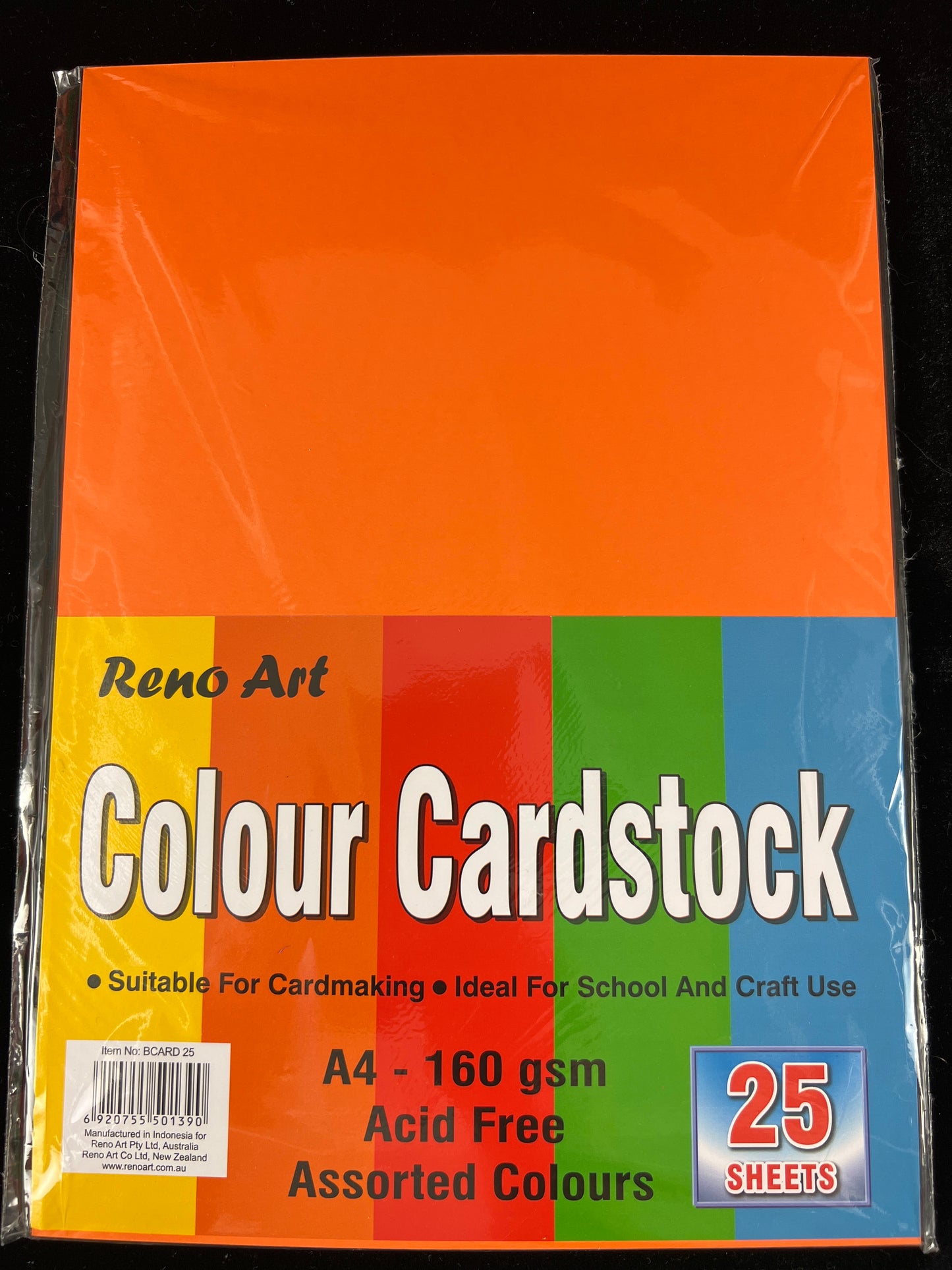 Reno Art - A4 Colour Cardstock - Brights - 25 Sheets - 160gsm