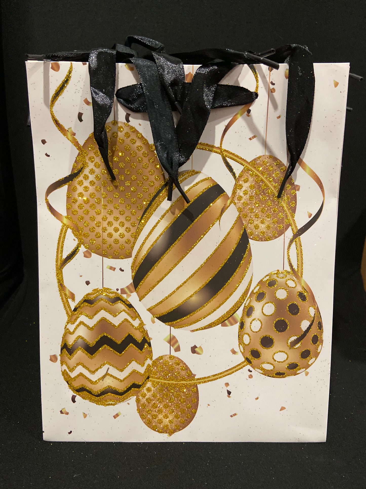 Easter Gift Bag - 6x Gold Glitter Eggs with Black/White - 23x18x8cm